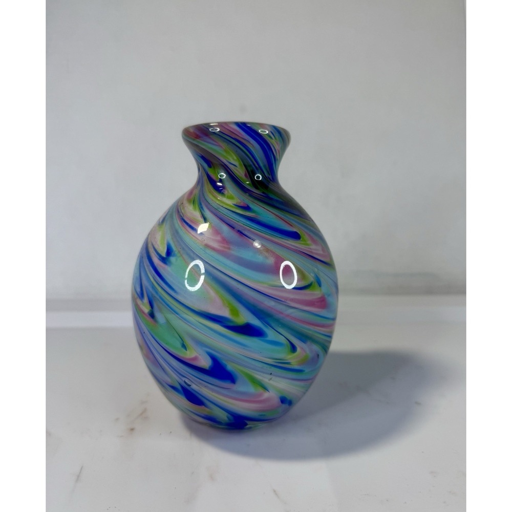 Burton & Burton Hand Blown Confetti Swirl Glass Vase Blue Green Pink Small 6"
